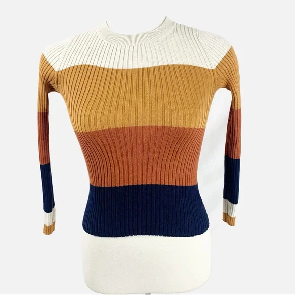 🍂 Pink Rose Multicolor Ribbed Colorblock Sweater (XS) – Fall Knit Top 🍂 - Picture 3 of 9